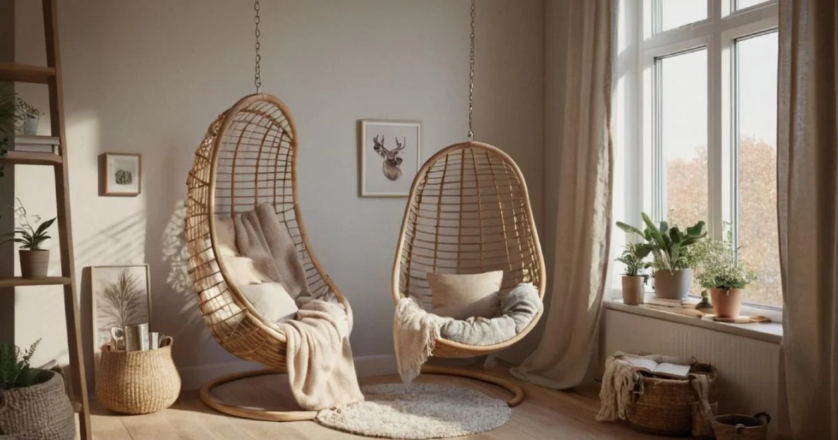 Coin lecture cosy dans une chambre scandinave avec fauteuil suspendu, plaid doux, étagères flottantes et éclairage tamisé, incarnant le concept hygge