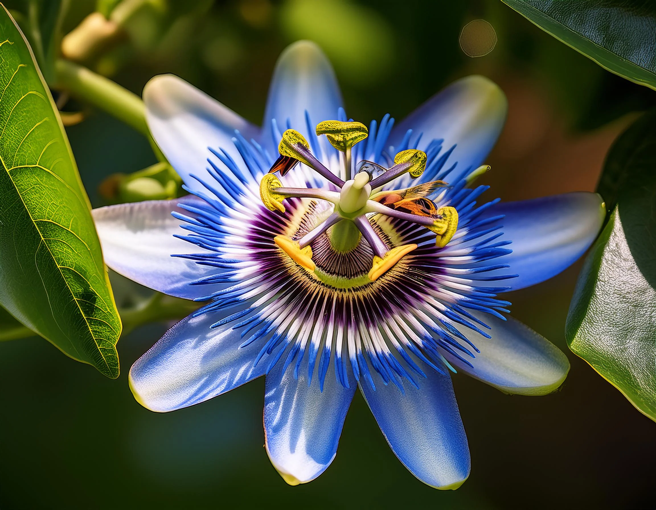 Gros plan d'une passiflore bleue en pleine floraison, montrant sa structure complexe avec des pétales bleus, des filaments blancs et des étamines proéminentes, un papillon ou une abeille s'approchant de la fleur
