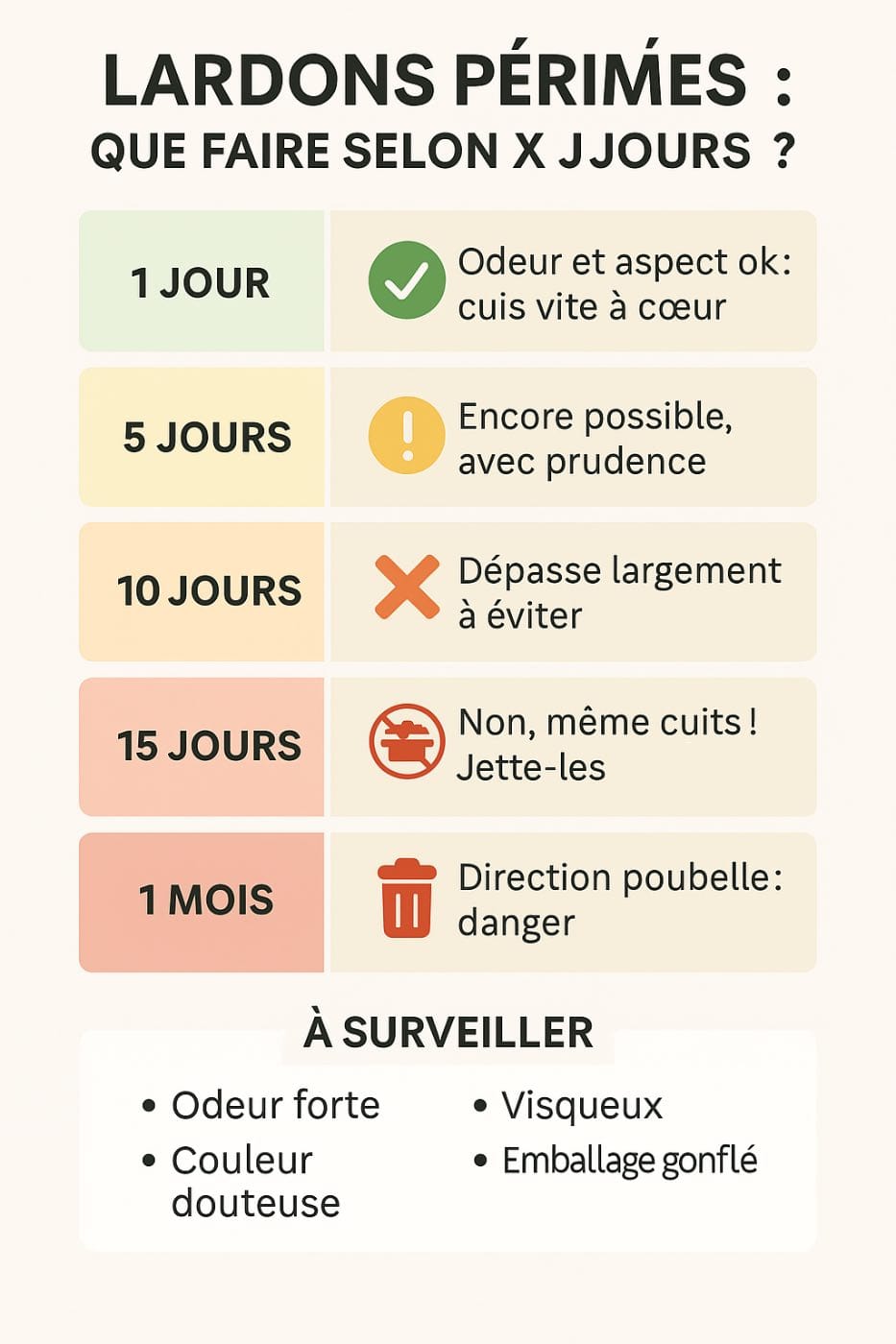 Infographie des délais à respecter pour consommer des lardons après la date
