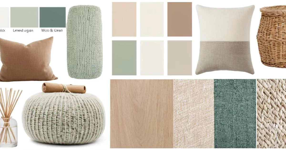 Planche d'ambiance hygge présentant une palette de couleurs douces et des échantillons de matières naturelles comme le bois clair, la laine et le lin