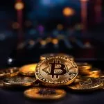 Pile de cryptomonnaies sur fond sombre avec une interface floue d’application mobile en arrière-plan, représentant Coinbase et Coinbase Wallet.