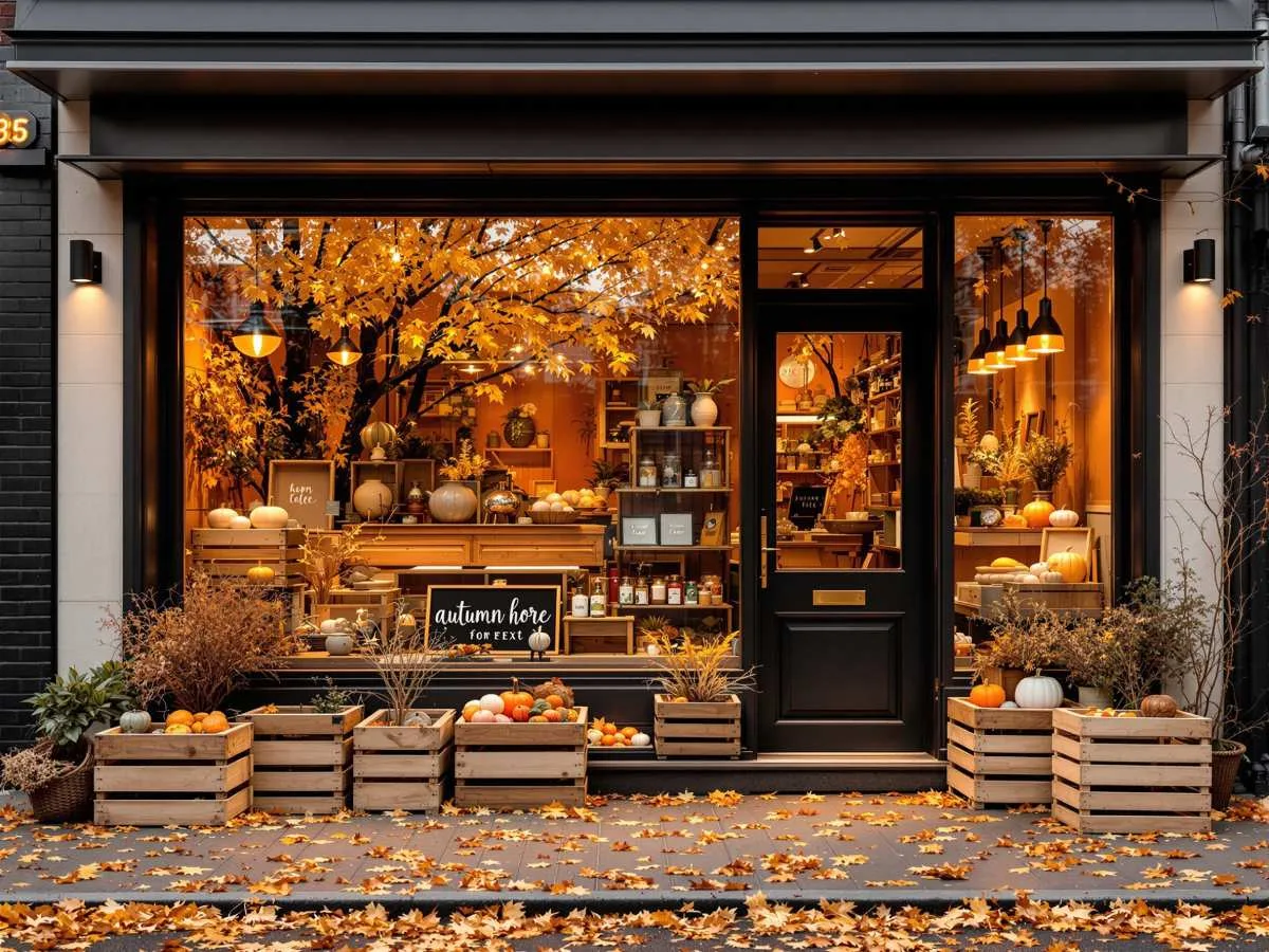 Décoration automnale de vitrine avec feuilles mortes, bois et ambiance chaleureuse Décoration automnale de vitrine avec feuilles mortes, bois et ambiance chaleureuse