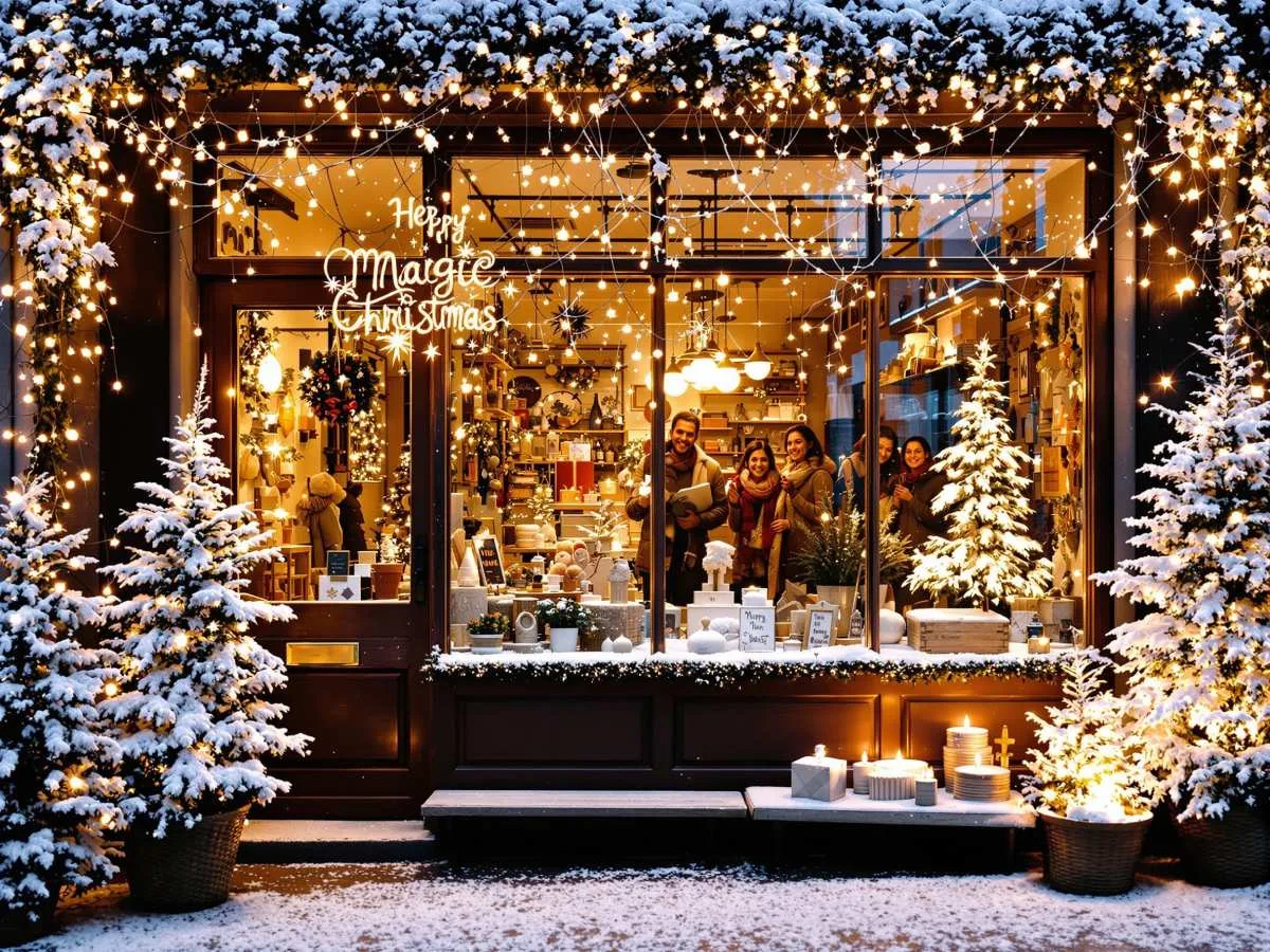 Décoration de vitrine pour Noël avec sapin, neige artificielle et lumière douce Décoration de vitrine pour Noël avec sapin, neige artificielle et lumière douce