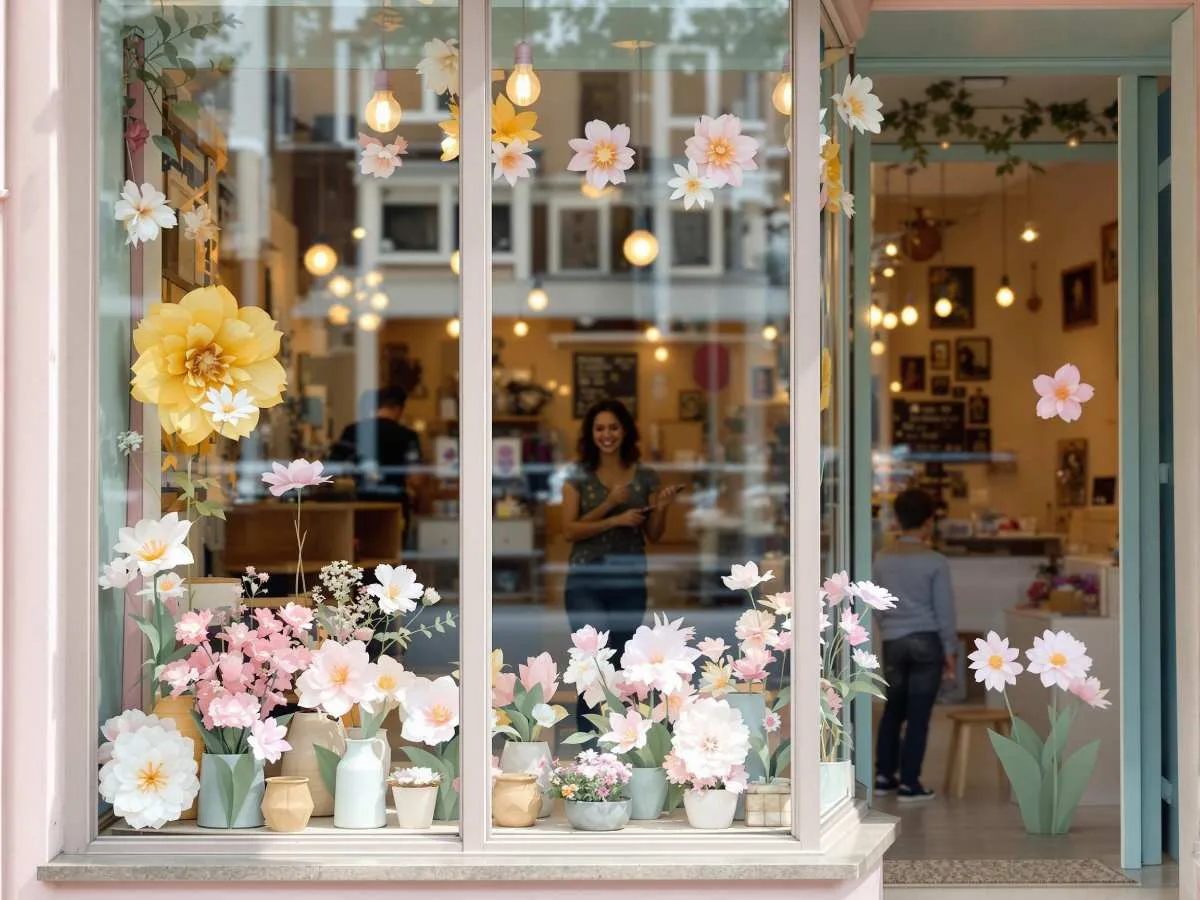 Décoration de vitrine de magasin printanière avec fleurs, bois et lumière douce Décoration de vitrine de magasin printanière avec fleurs, bois et lumière douce