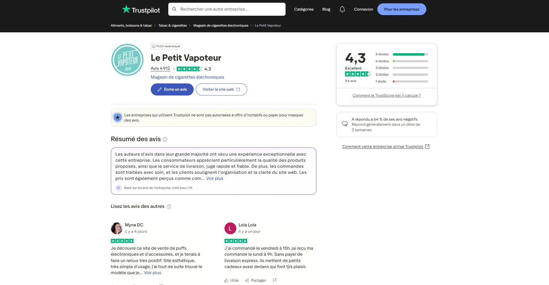 le petit vapoteur avis Trustpilot / Copie écran Trustpilot le 02 septembre 2025