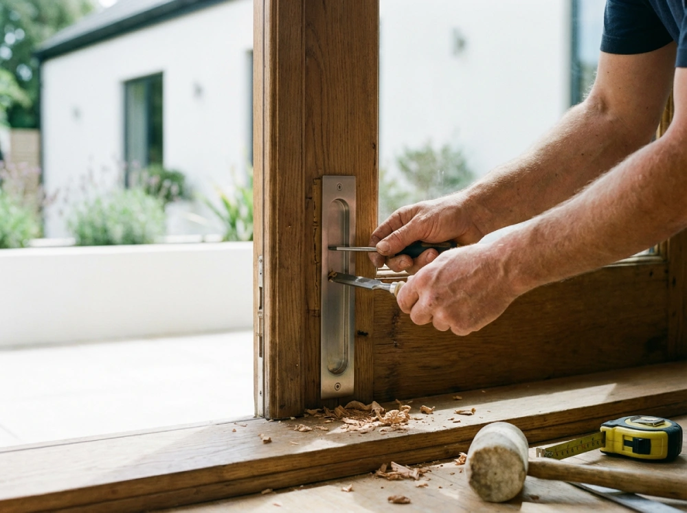 Gros plan sur l’installation d’une poignée de tirage sur une porte-fenêtre en bois depuis l’extérieur