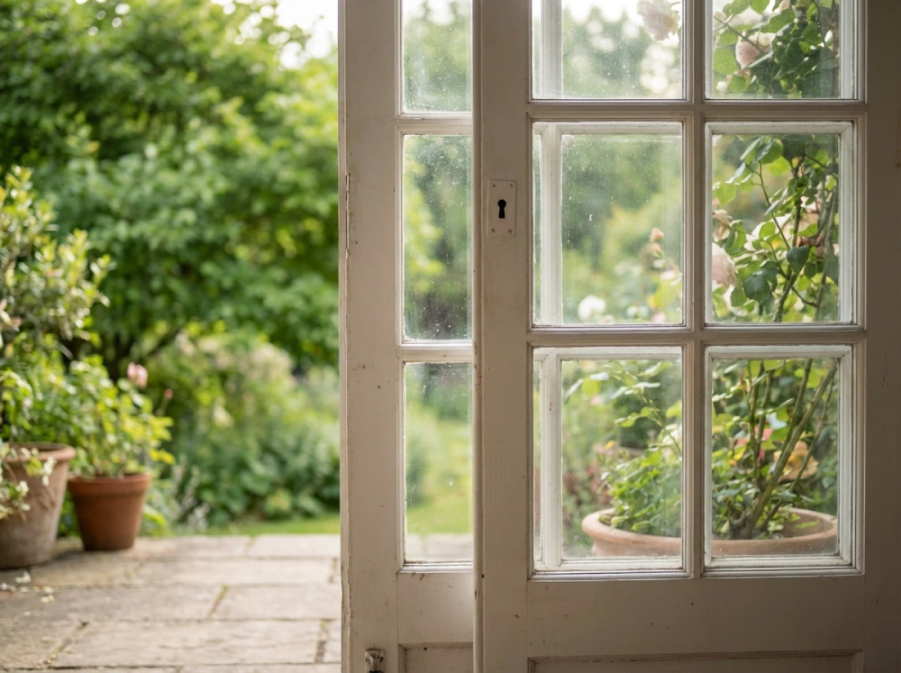 Vue extérieure d’une porte-fenêtre sans poignée donnant sur une terrasse végétalisée