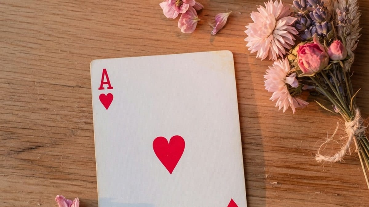 Carte à jouer as de cœur posée sur une table en bois avec une bougie, ambiance chaleureuse
