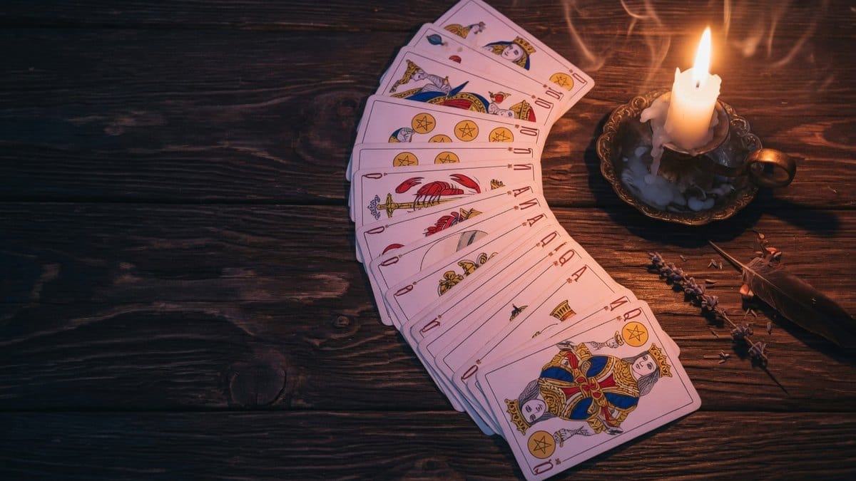 Cartes de tarot et de cartomancie disposées en éventail sur une table