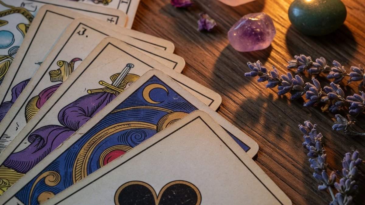 Cartes de tarot et de cartomancie disposées en éventail sur une table, ambiance mystique pour illustrer la lecture de l'as de trèfle