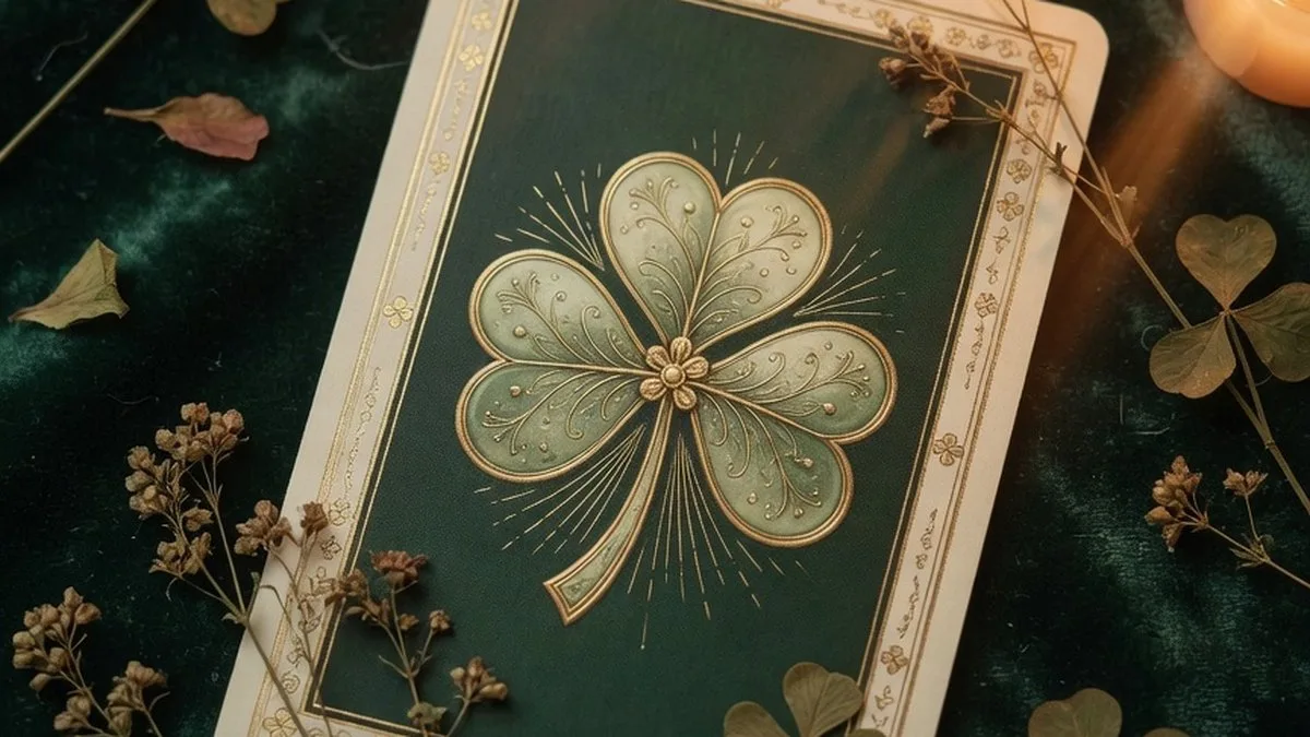 As de trèfle posé sur un tissu sombre entouré de feuilles de trèfle et d'une lumière chaude évoquant la cartomancie