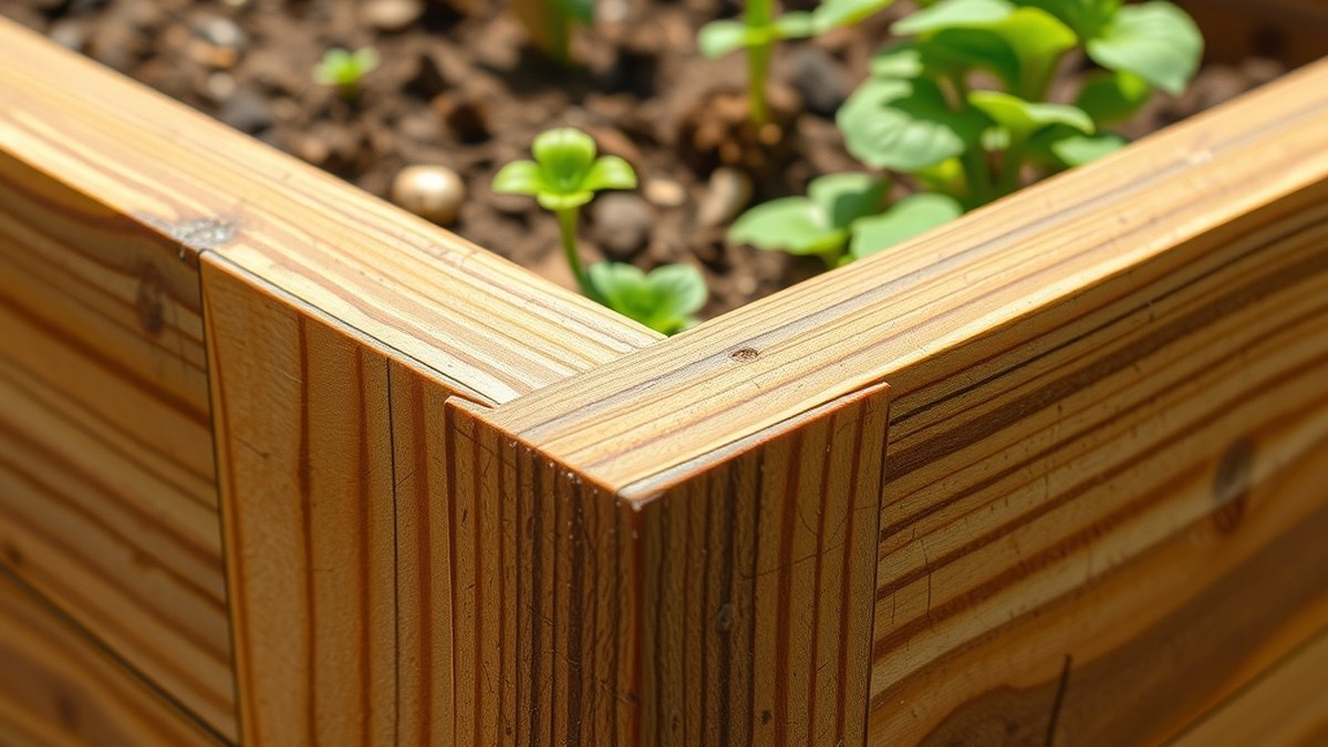 Détail de l'assemblage en bois épais d'un carré potager rempli de terre