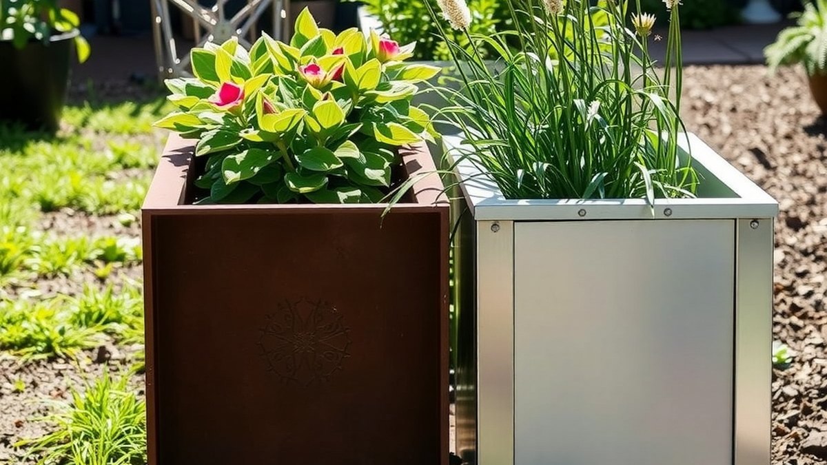 Comparaison entre un bac potager en acier corten et un bac en aluminium dans un jardin