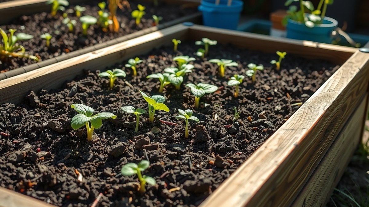 Bac potager en bois surélevé rempli de terre et de jeunes plants de légumes dans un jardin