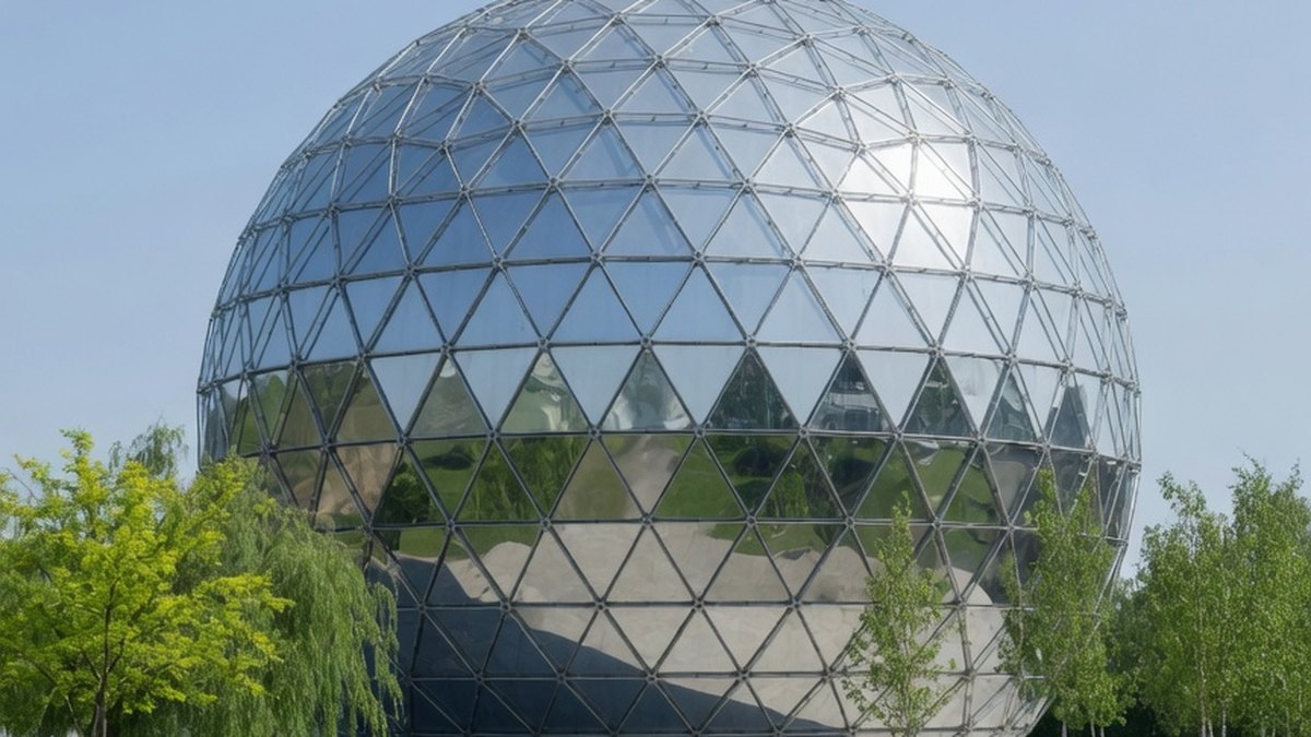 Structure emblématique en sphères métalliques évoquant l'Atomium dans son parc