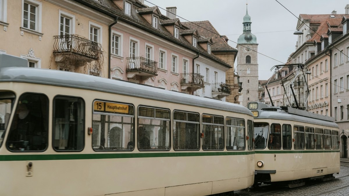 Tram urbain circulant dans une rue du centre historique, illustrant les transports en commun