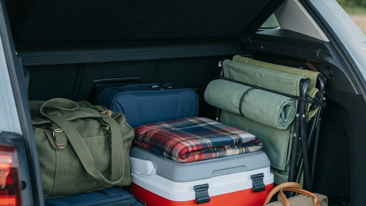 Coffre de voiture organisé avec bagages et matériel pour un road trip