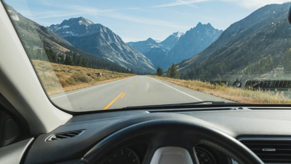 Vue depuis l'habitacle d'une voiture sur une route de montagne pendant un road trip