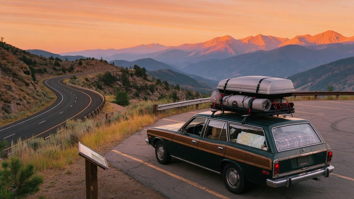 Voiture chargée pour un road trip garée face à un paysage de montagne au coucher du soleil