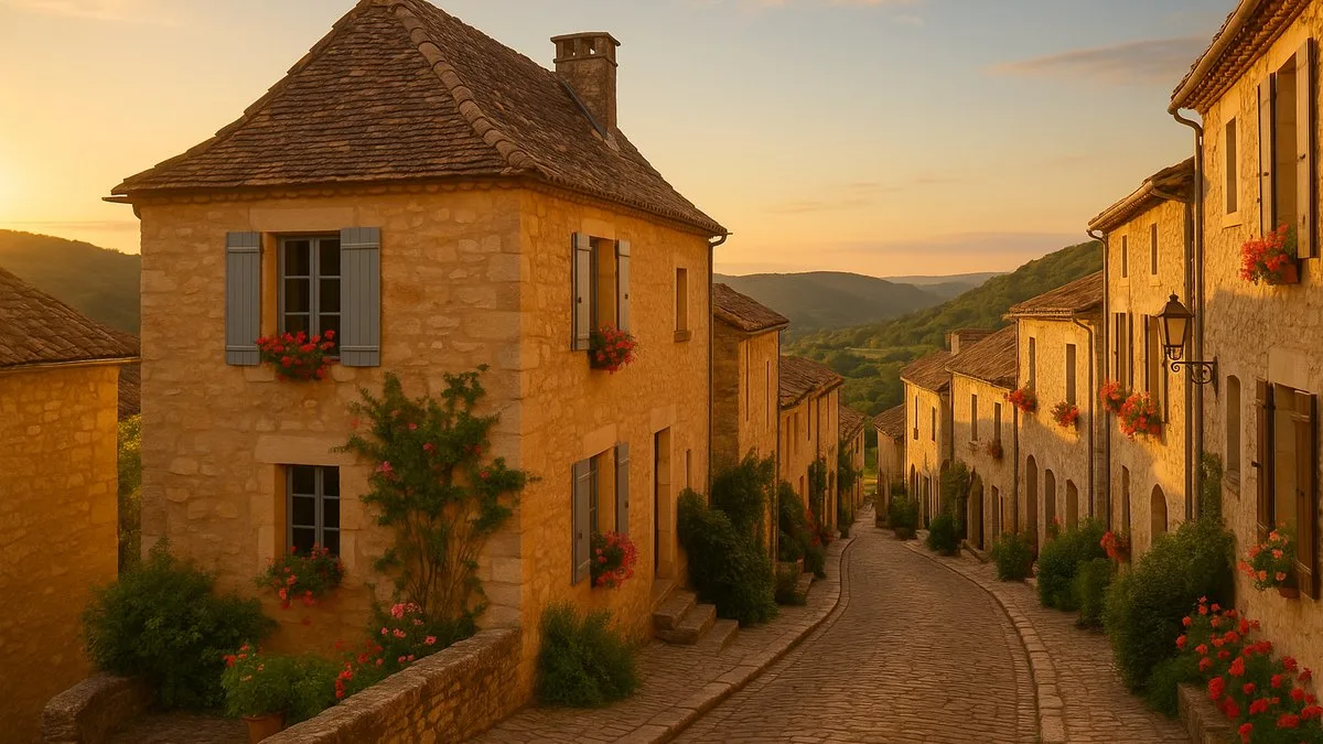 Ruelle pavée d'un village de pierre typique au coucher du soleil, illustrant les plus beaux villages de France