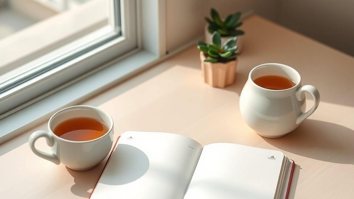 Bureau lumineux avec carnet ouvert et tasse de thé, ambiance calme évoquant le développement personnel
