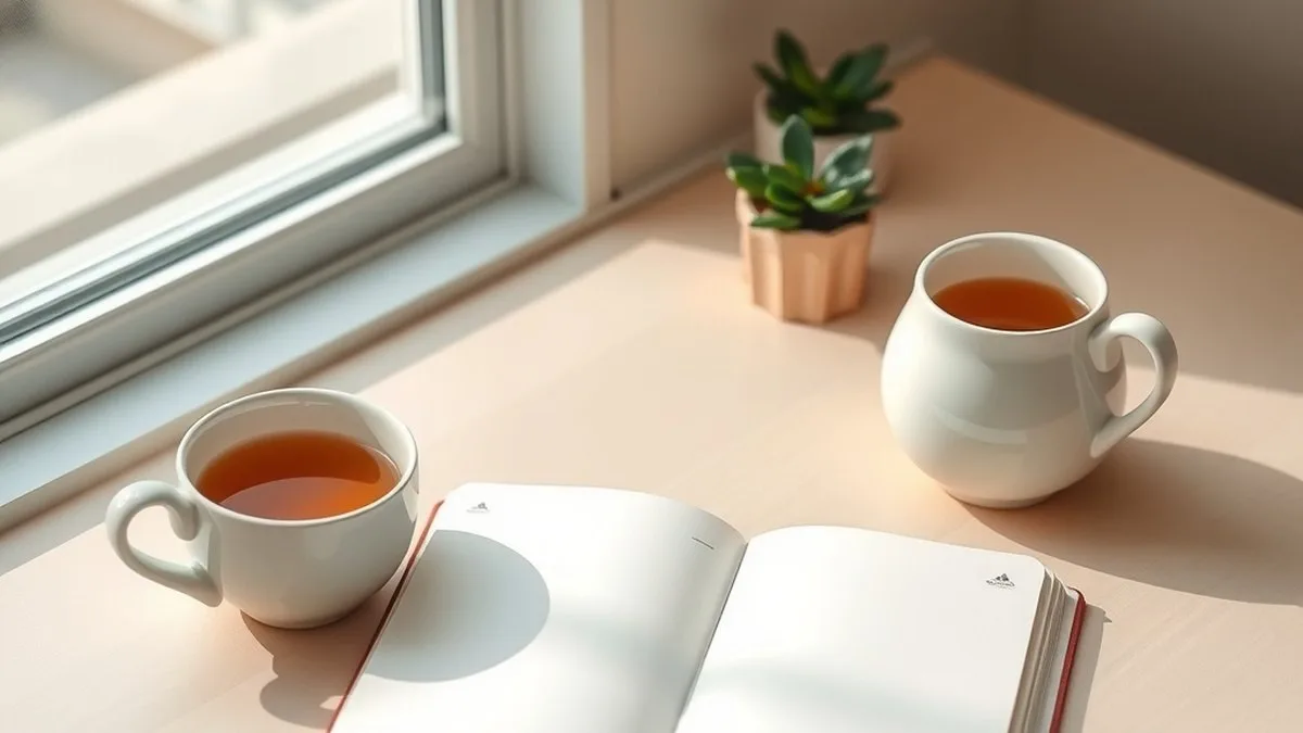 Bureau lumineux avec carnet ouvert et tasse de thé, ambiance calme évoquant le développement personnel