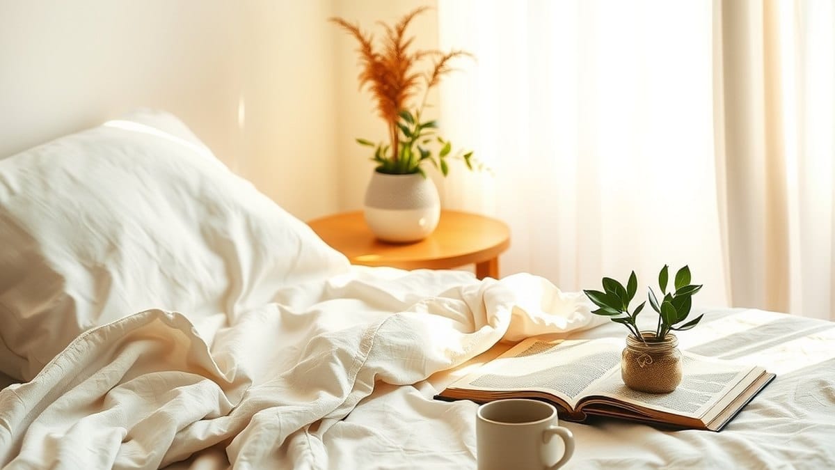 Chambre lumineuse et apaisante avec tisane et carnet, symbole du repos face à la fatigue chronique