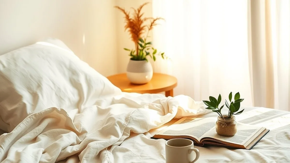 Chambre lumineuse et apaisante avec tisane et carnet, symbole du repos face à la fatigue chronique