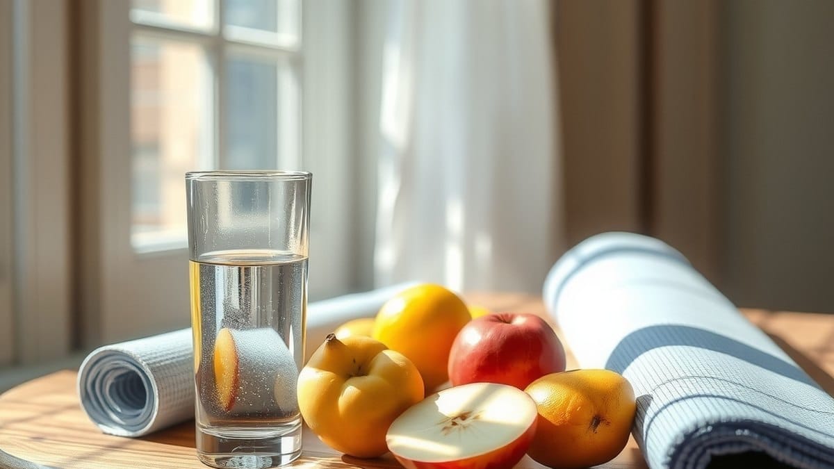 Table avec eau, fruits frais et tapis de sport illustrant une bonne hygiène de vie