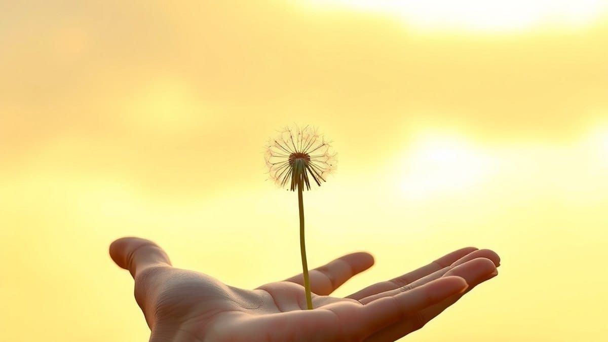 Main ouverte qui relâche des graines de pissenlit dans la lumière du soir, symbole du lâcher-prise