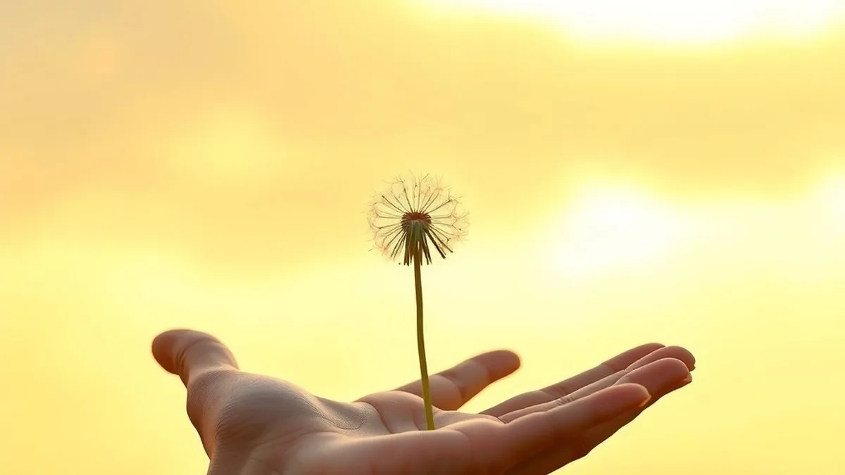Main ouverte qui relâche des graines de pissenlit dans la lumière du soir, symbole du lâcher-prise