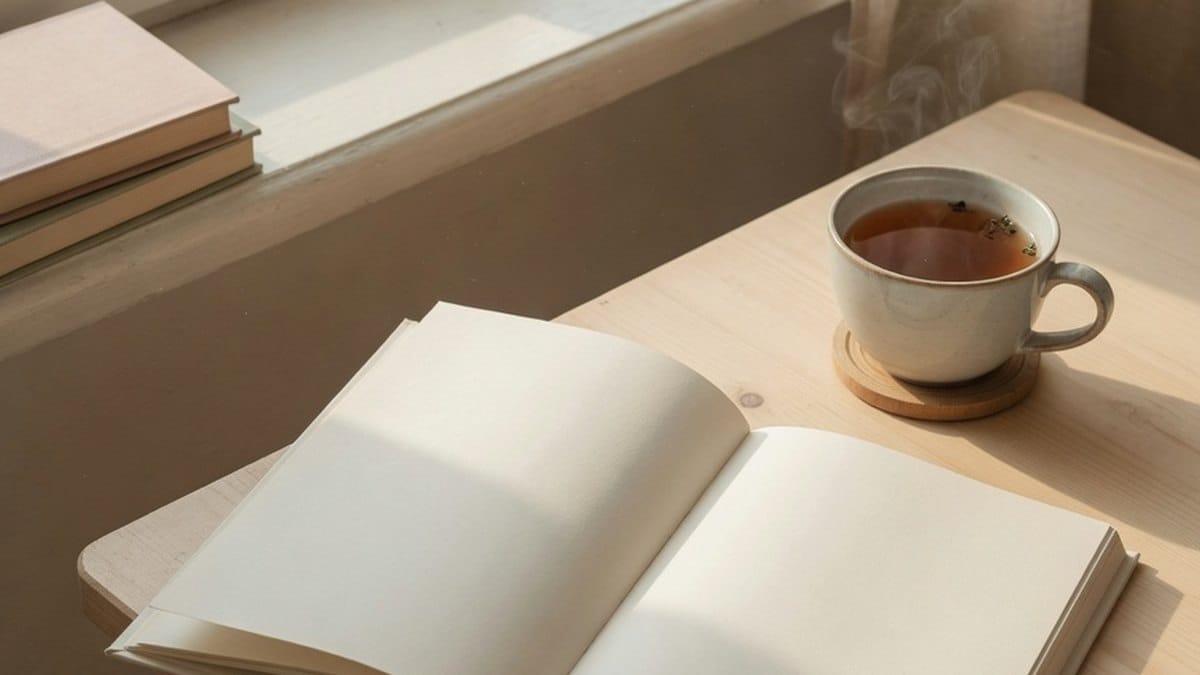 Livre ouvert sur une table en bois dans une ambiance calme et lumineuse, symbole du lâcher-prise