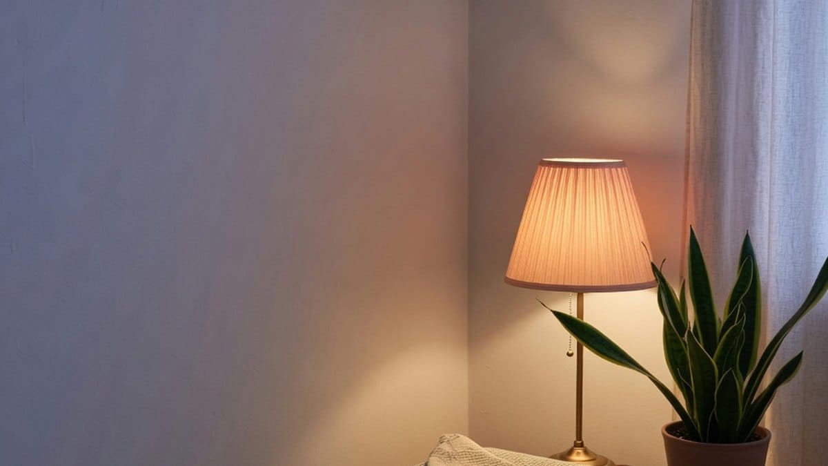 Coin de chambre apaisant en lumière tamisée, ambiance propice au lâcher-prise avant le sommeil