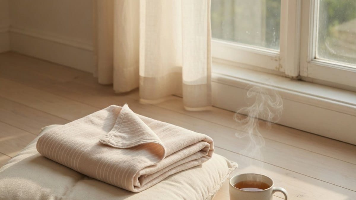 Coussin de méditation et tasse posés au sol devant une fenêtre baignée de lumière douce