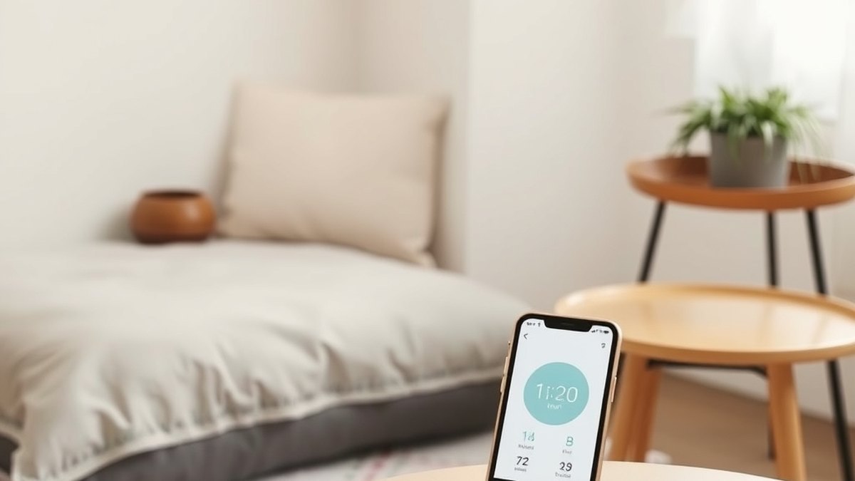 Coin de méditation aménagé à la maison avec coussin, plante et minuteur