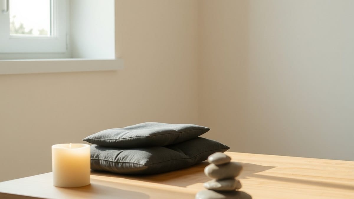 Coussin de méditation, bougie allumée et pierres empilées dans une lumière naturelle douce
