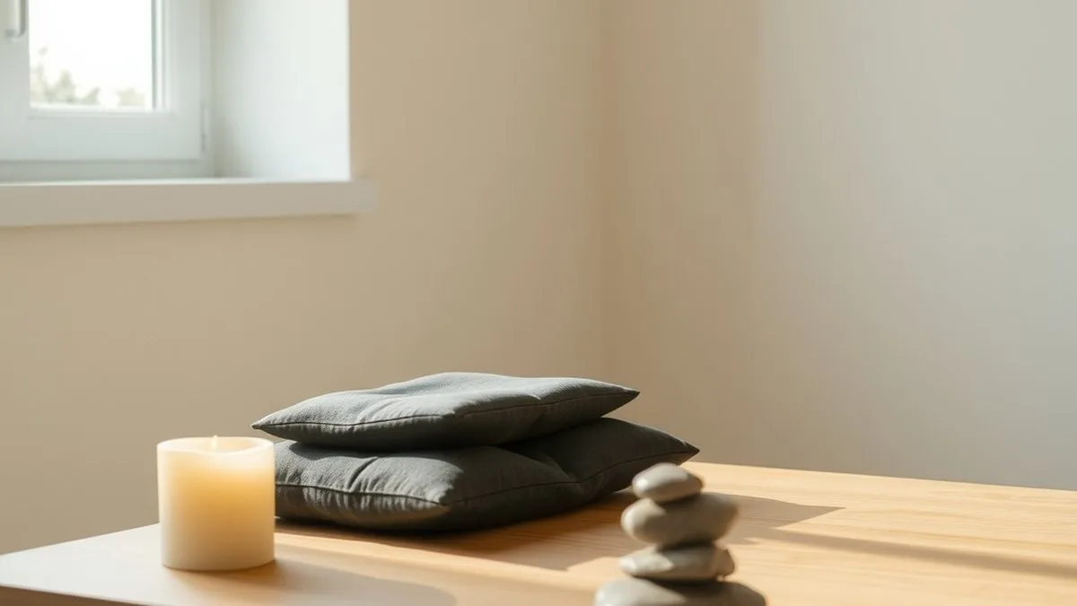 Coussin de méditation, bougie allumée et pierres empilées dans une lumière naturelle douce