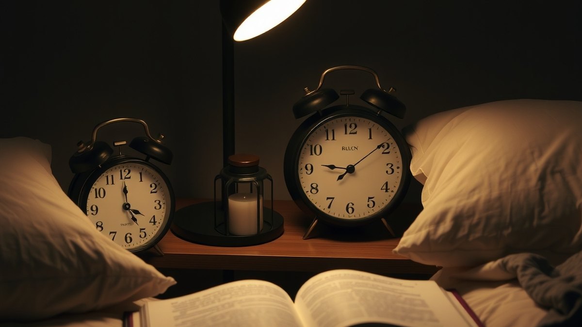 Table de nuit avec réveil, livre et lumière tamisée, symbole d'un rituel du coucher