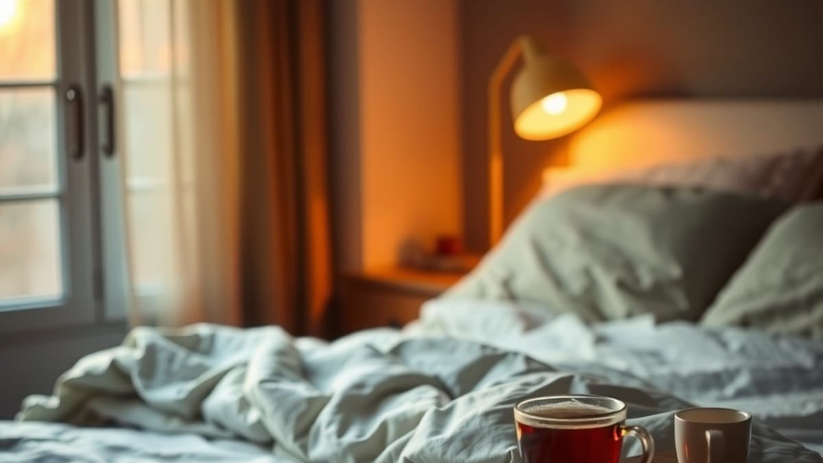 Chambre calme et tamisée avec lit fait et lampe de chevet allumée, ambiance propice au sommeil