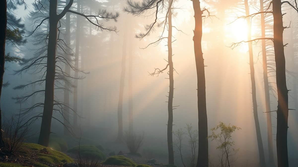 Forêt embrumée au lever du jour, ambiance propice à la méditation
