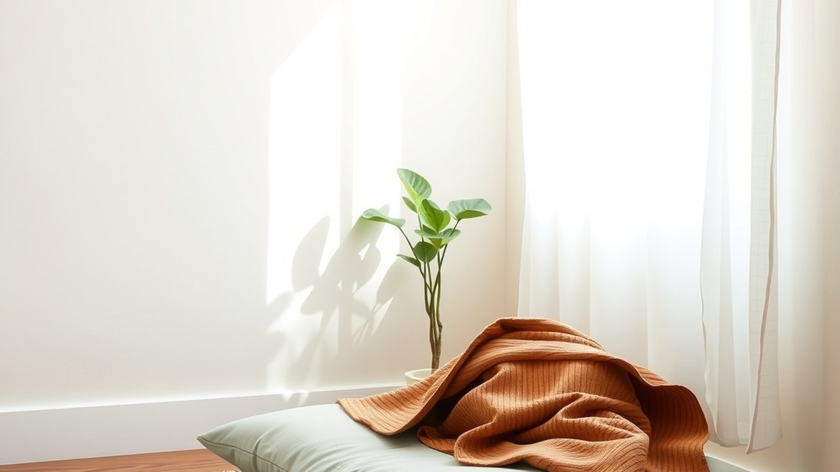 Coin méditation cosy avec coussin de sol et lumière naturelle douce