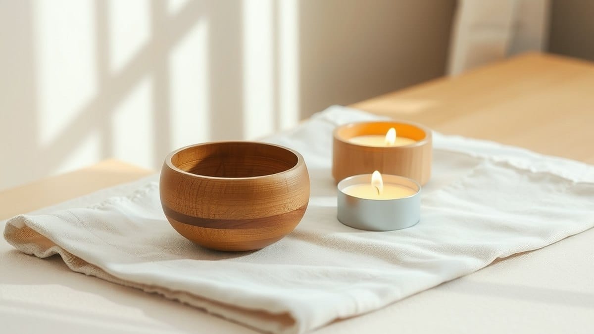 Bol chantant et bougie posés sur un tissu clair, ambiance zen et sereine