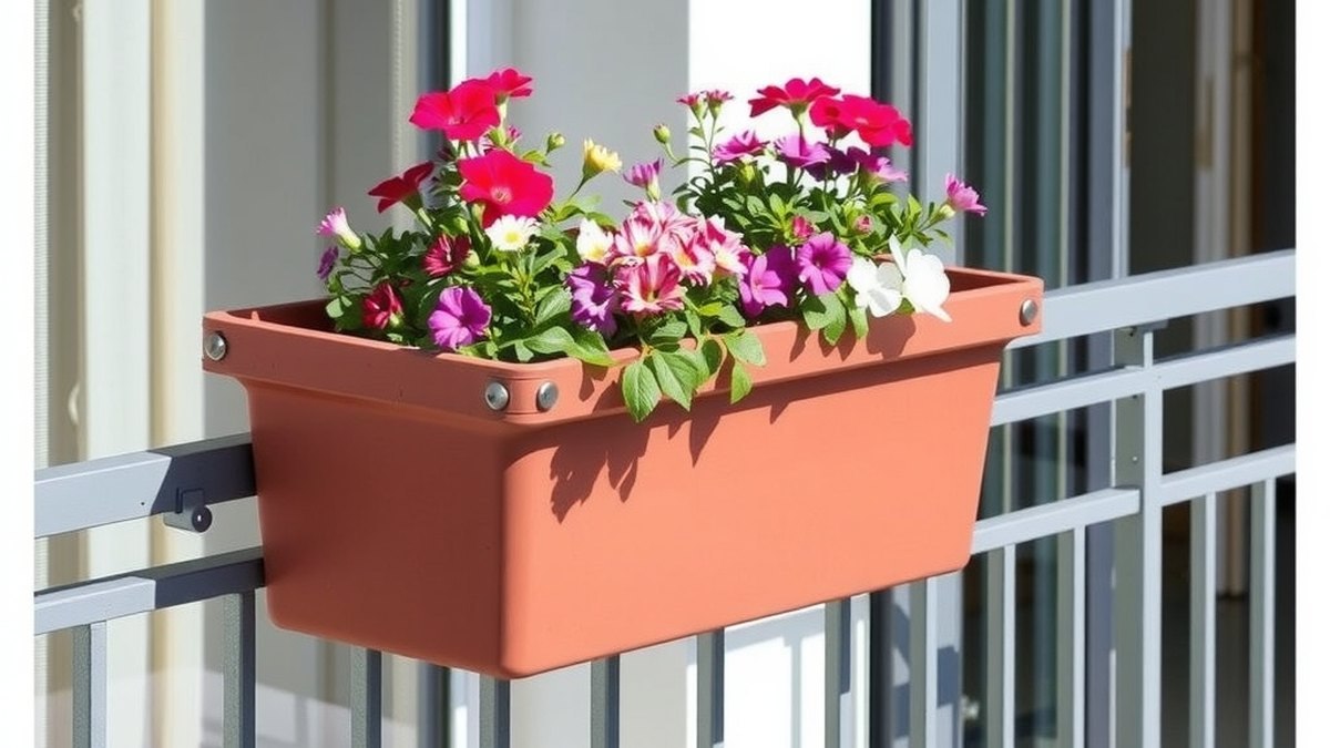 Jardinière de rambarde fixée sur un balcon avec des fleurs colorées