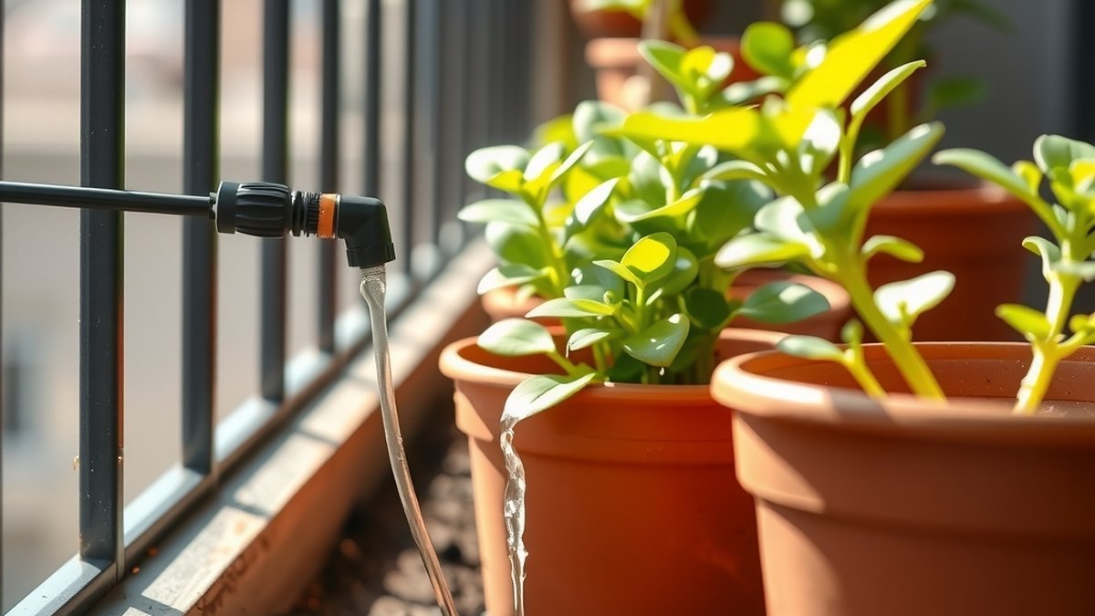 Système d'arrosage goutte-à-goutte installé sur des pots de balcon