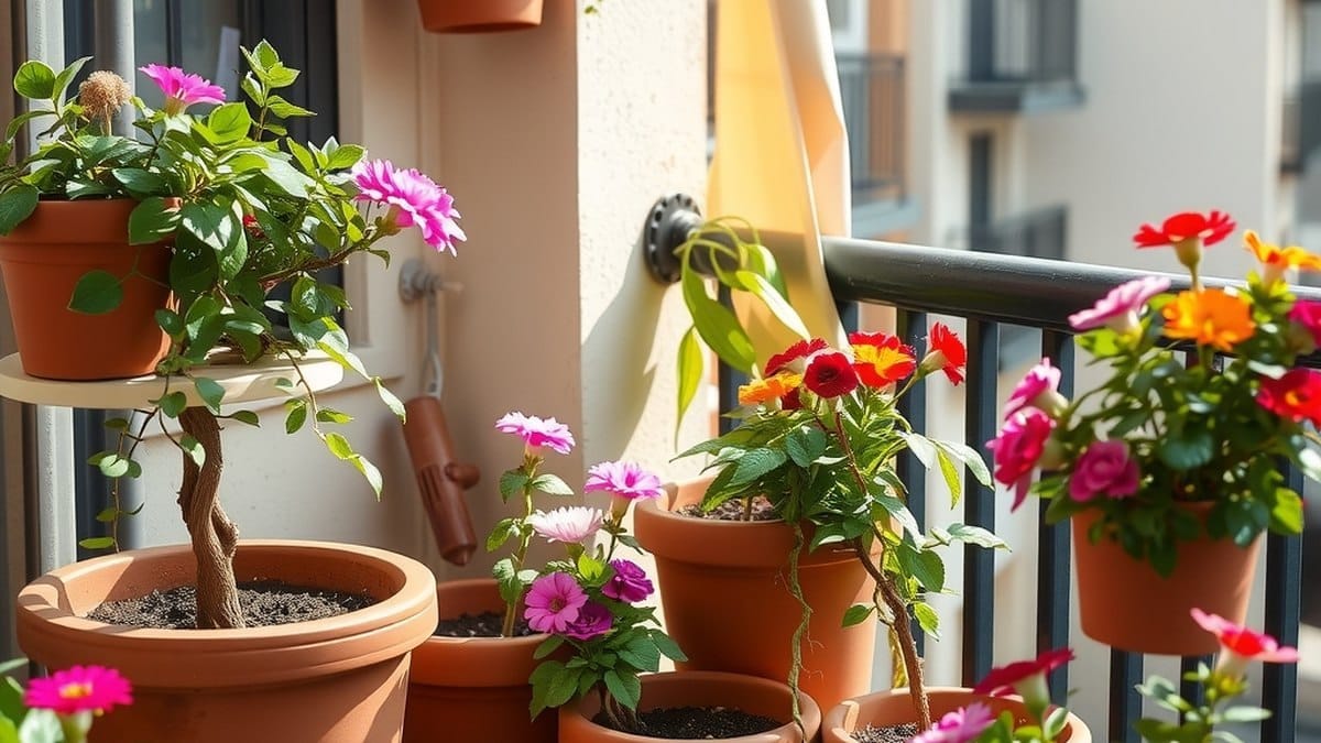 Pots de fleurs de différentes tailles et matériaux installés sur un balcon ensoleillé