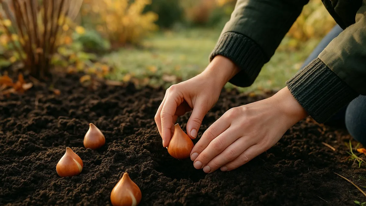 Plantation de bulbes de tulipes dans la terre d'un jardin en automne