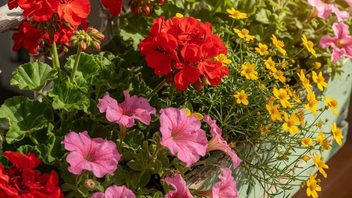 Association de géraniums, bidens et pétunias dans une jardinière plein soleil