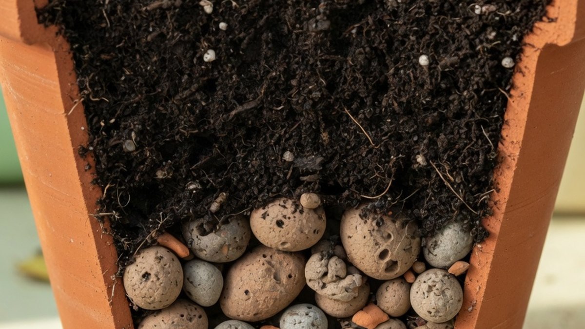 Fond de jardinière avec billes d'argile pour un bon drainage du substrat