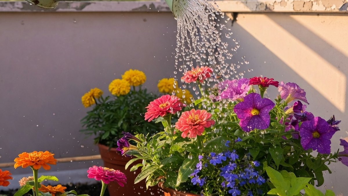 Arrosage matinal d'une jardinière de fleurs d'été sur un balcon ensoleillé