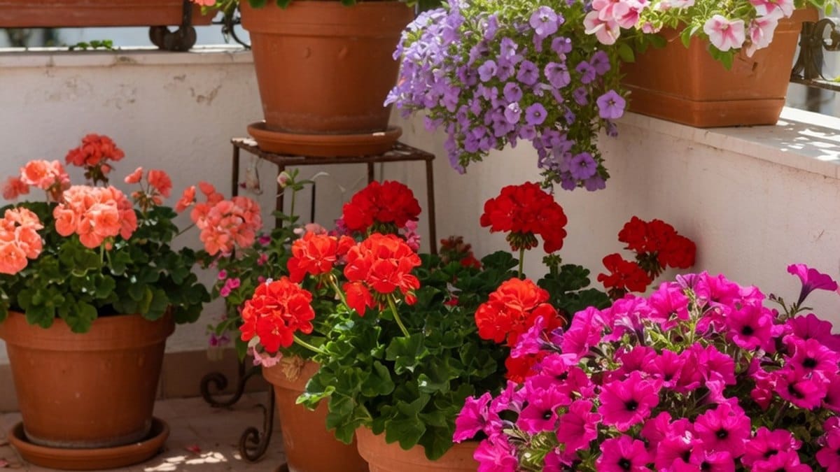 Jardinière de fleurs colorées installée sur un balcon en plein soleil